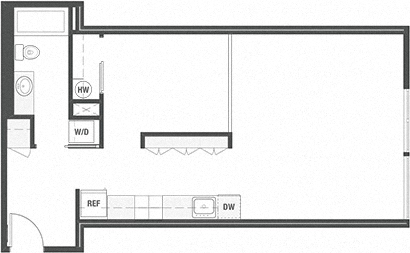 Floor plan for 1 bed, 1 bath, 664 sqft